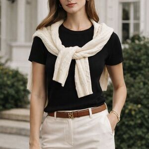 Cable & Gauge Black Ribbed Knit Short Sleeve Sweater Top Size Small Minimalist